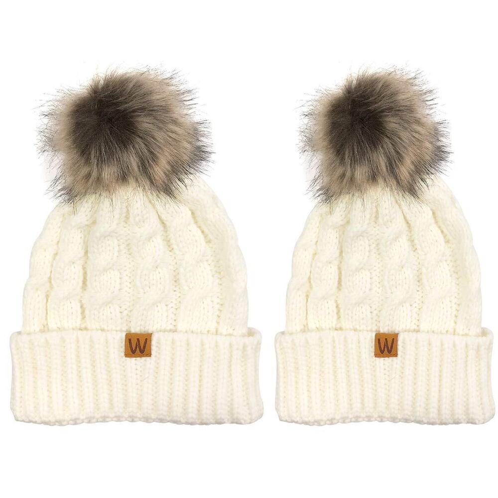 6197 Winter Warm Soft Knit Beanie with Faux Fur Pom Pom, Mommy & Me Ivory